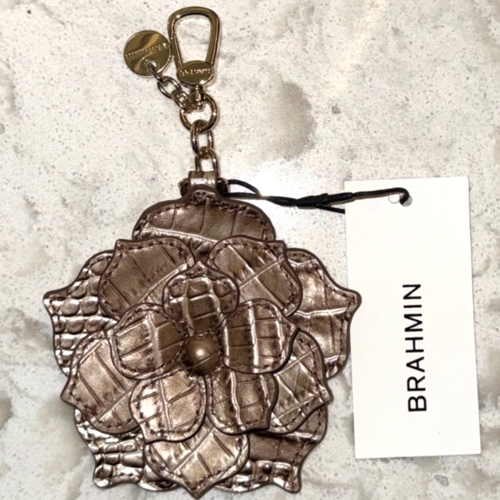 BRAHMIN Alabaster Magnolia Flower Leather Fob Charm Tassel NWT!